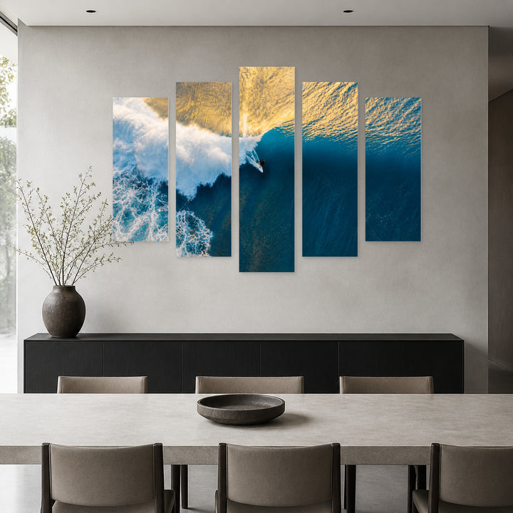 Surfing in Blue and Gold — five-panel wall art in alternate frontal interior | 5wallart 55771 M4