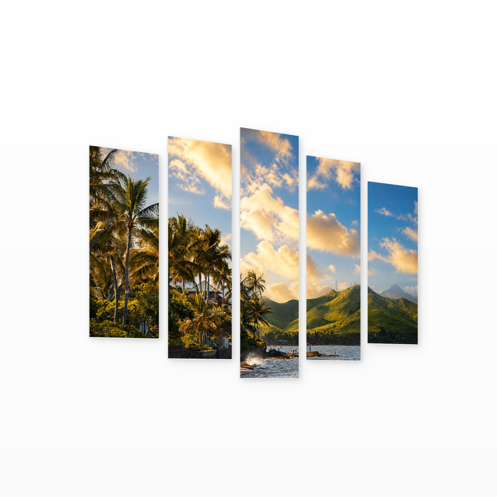 Hawaii Coastline in Blue and Gold — five-panel wall art on white background in perspective | 5wallart 55774 M1