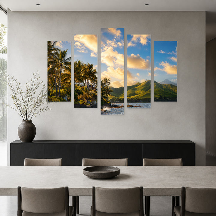 Hawaii Coastline in Blue and Gold — five-panel wall art in frontal interior | 5wallart 55774 M3