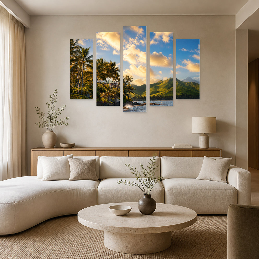 Hawaii Coastline in Blue and Gold — five-panel wall art in alternate frontal interior | 5wallart 55774 M4