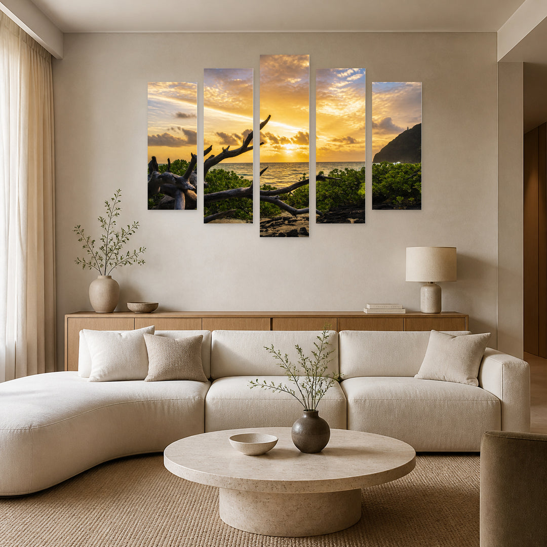 Sunrise at Makapuu in Serene Light — five-panel wall art in frontal interior | 5wallart 55775 M3