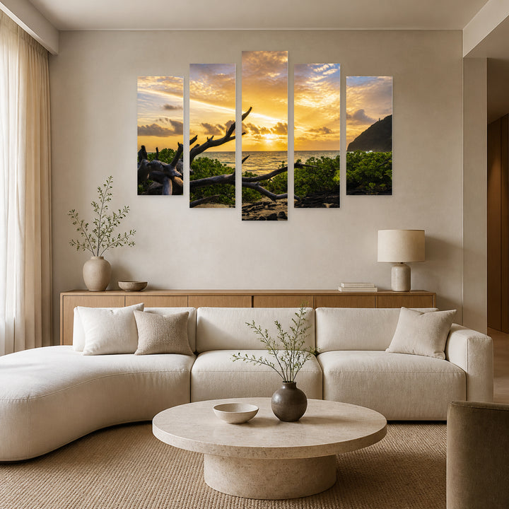 Sunrise at Makapuu in Serene Light — five-panel wall art in frontal interior | 5wallart 55775 M3