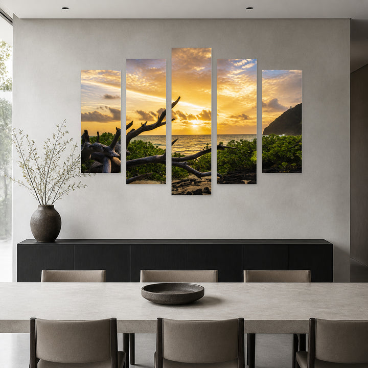 Sunrise at Makapuu in Serene Light — five-panel wall art in alternate frontal interior | 5wallart 55775 M4