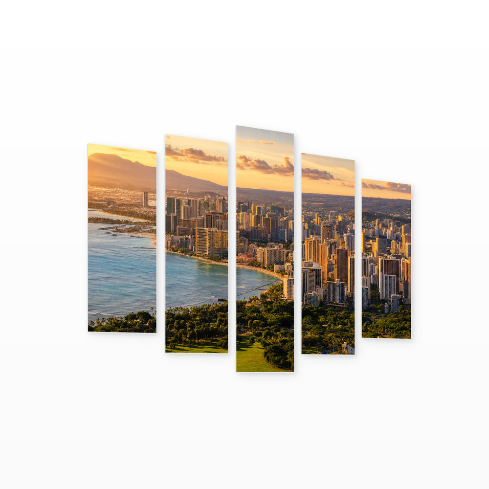 View of Honolulu at Golden Sunset — five-panel wall art on white background in perspective | 5wallart 55776 M1