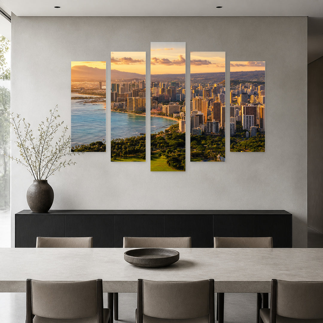 View of Honolulu at Golden Sunset — five-panel wall art in frontal interior | 5wallart 55776 M3