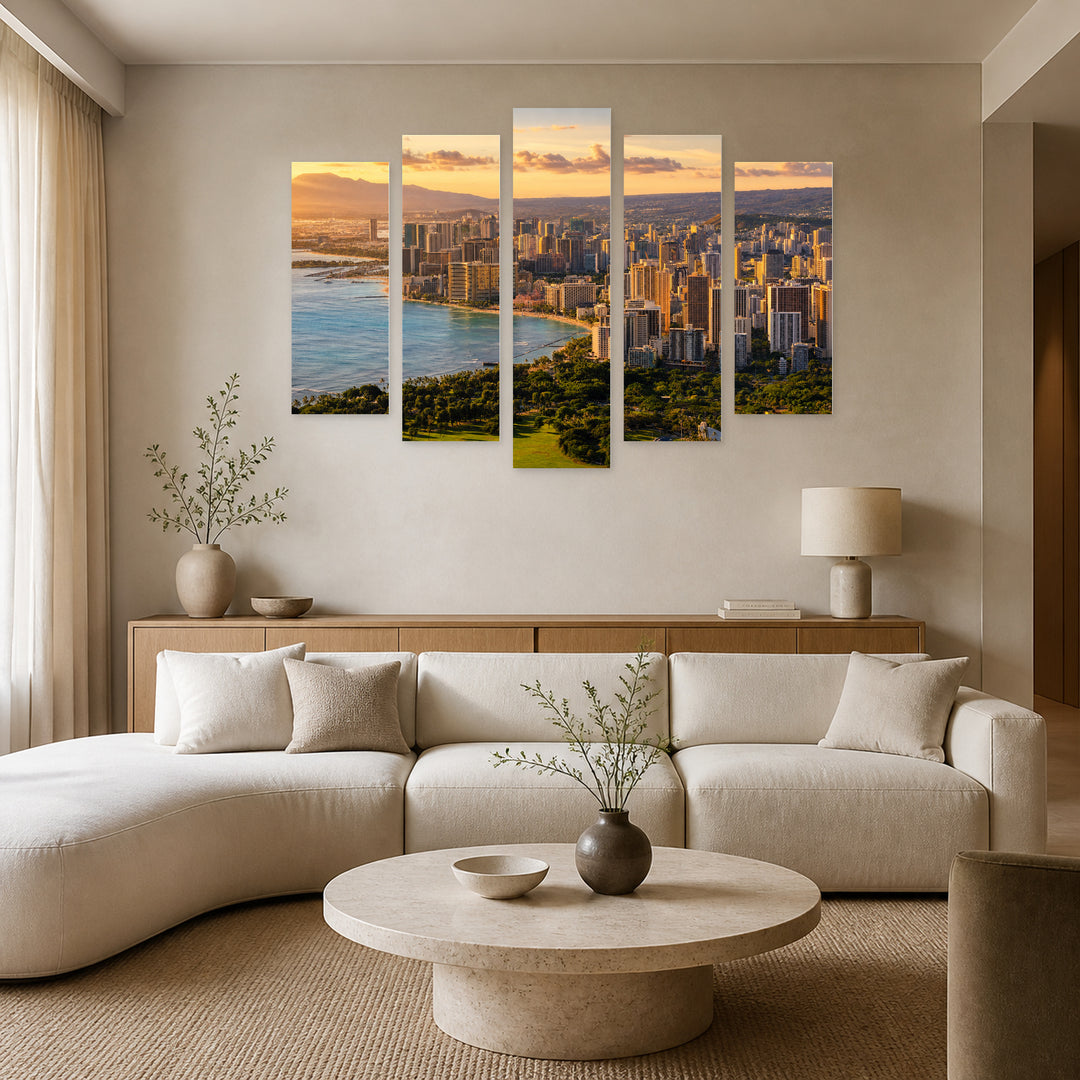 View of Honolulu at Golden Sunset — five-panel wall art in alternate frontal interior | 5wallart 55776 M4