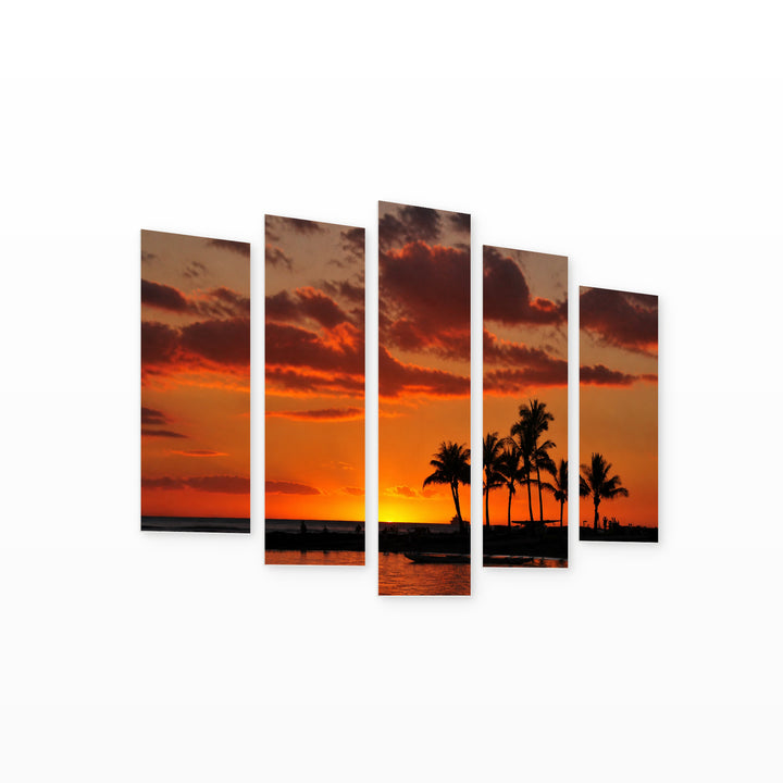 Golden Beach Sunset — five-panel wall art on white background in perspective | 5wallart 55777 M1