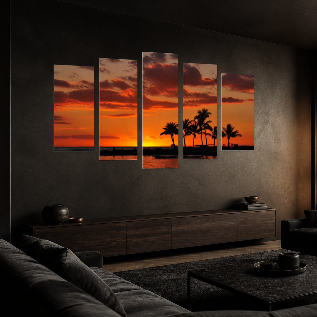 Golden Beach Sunset — five-panel wall art in perspective interior | 5wallart 55777 M2