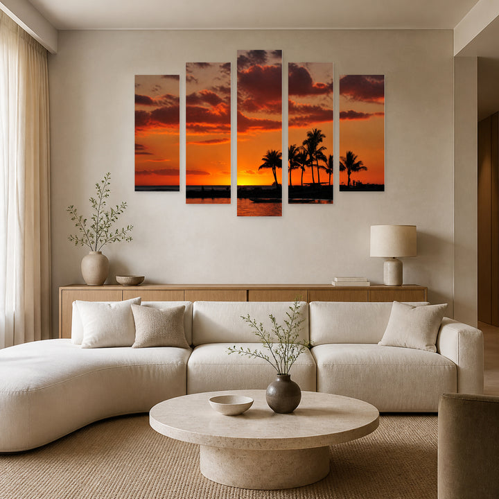 Golden Beach Sunset — five-panel wall art in frontal interior | 5wallart 55777 M3