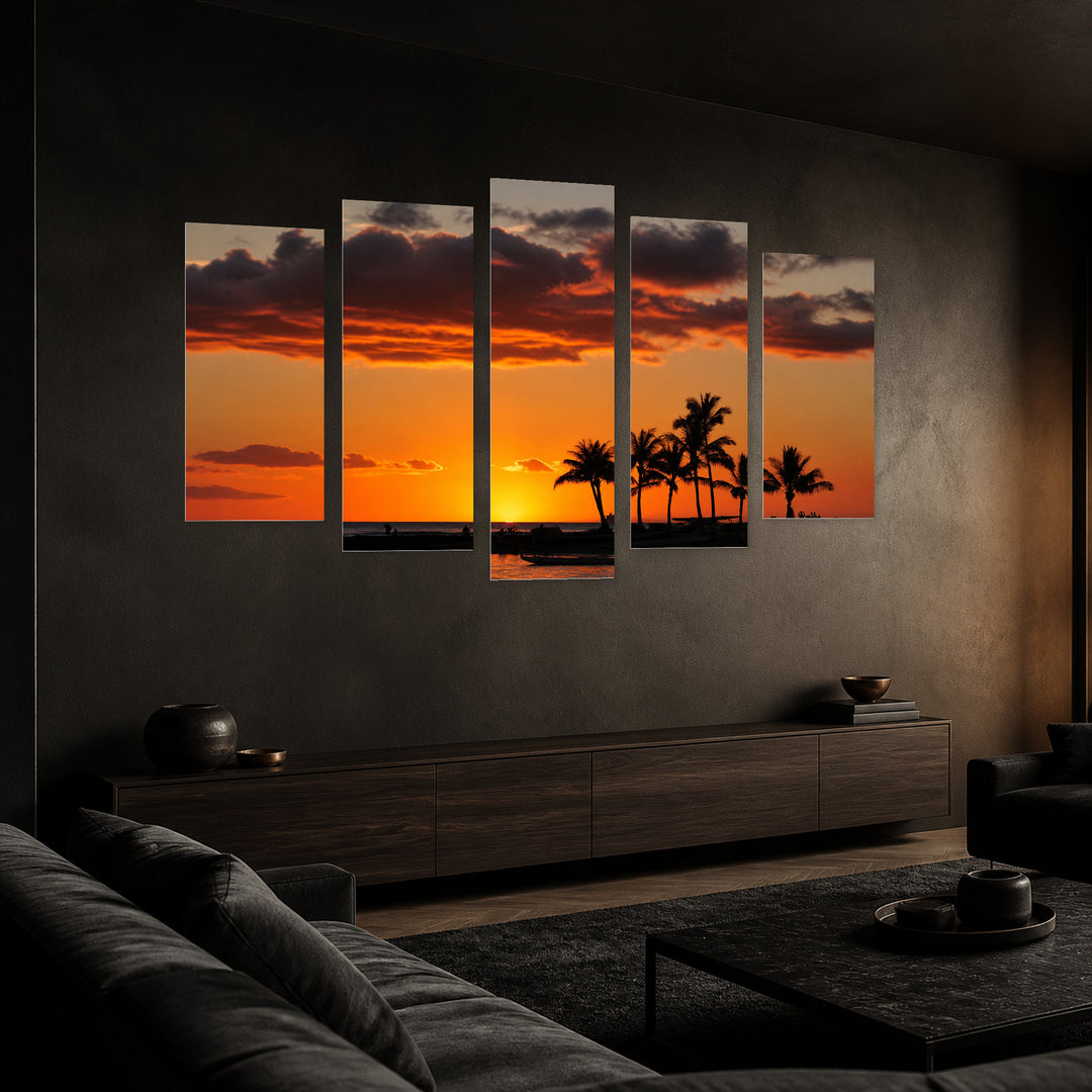 Golden Beach Sunset III — five-panel wall art in perspective interior | 5wallart 55779 M2