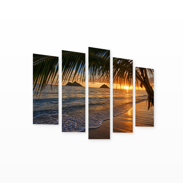 Sunrise over the Pacific Ocean in Serene Light — five-panel wall art on white background in perspective | 5wallart 55780 M1