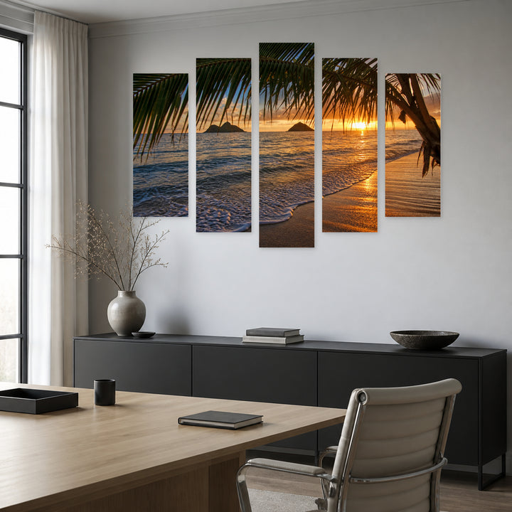 Sunrise over the Pacific Ocean in Serene Light — five-panel wall art in frontal interior | 5wallart 55780 M3
