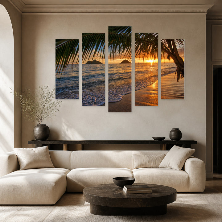 Sunrise over the Pacific Ocean in Serene Light — five-panel wall art in alternate frontal interior | 5wallart 55780 M4