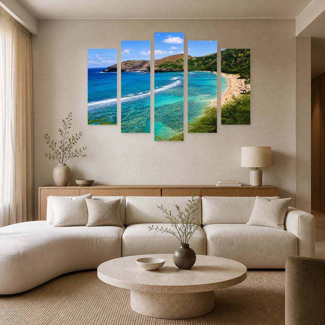 Diving Bay in Hawaii in Serene Light — five-panel wall art in frontal interior | 5wallart 55781 M3
