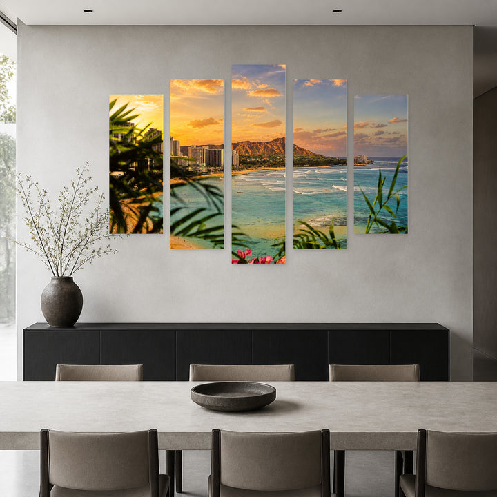 Waikiki Beach at Golden Sunset — five-panel wall art in frontal interior | 5wallart 55782 M3