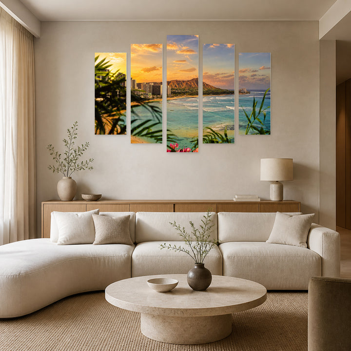 Waikiki Beach at Golden Sunset — five-panel wall art in alternate frontal interior | 5wallart 55782 M4