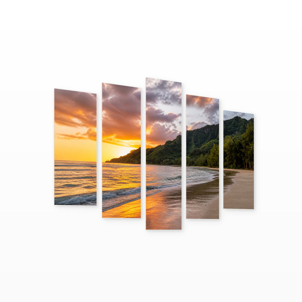 Golden Sunset over Hawaiian Beach — five-panel wall art on white background in perspective | 5wallart 55783 M1
