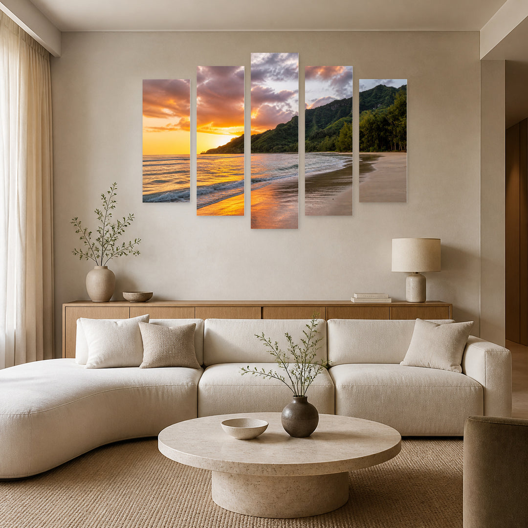 Golden Sunset over Hawaiian Beach — five-panel wall art in frontal interior | 5wallart 55783 M3