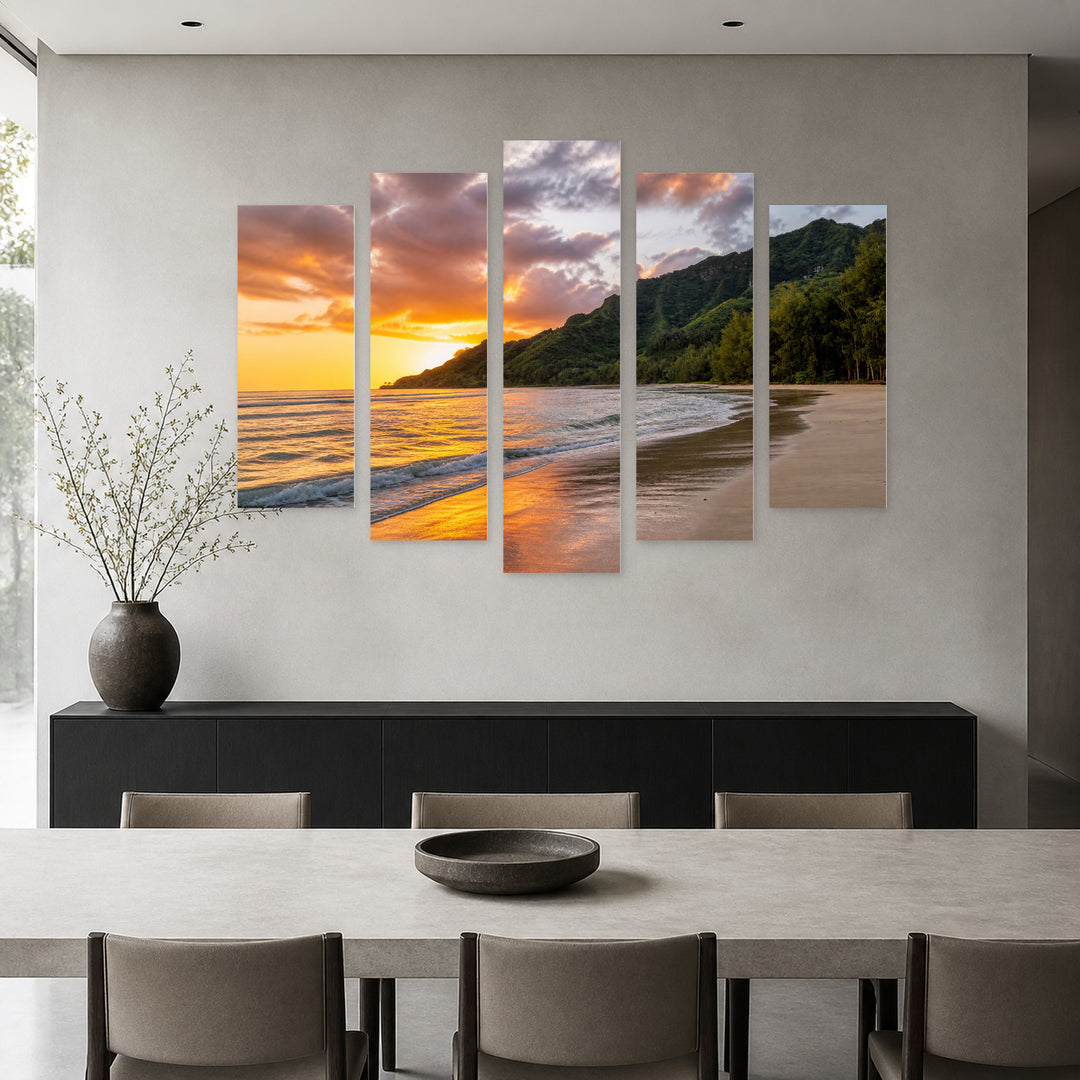 Golden Sunset over Hawaiian Beach — five-panel wall art in alternate frontal interior | 5wallart 55783 M4