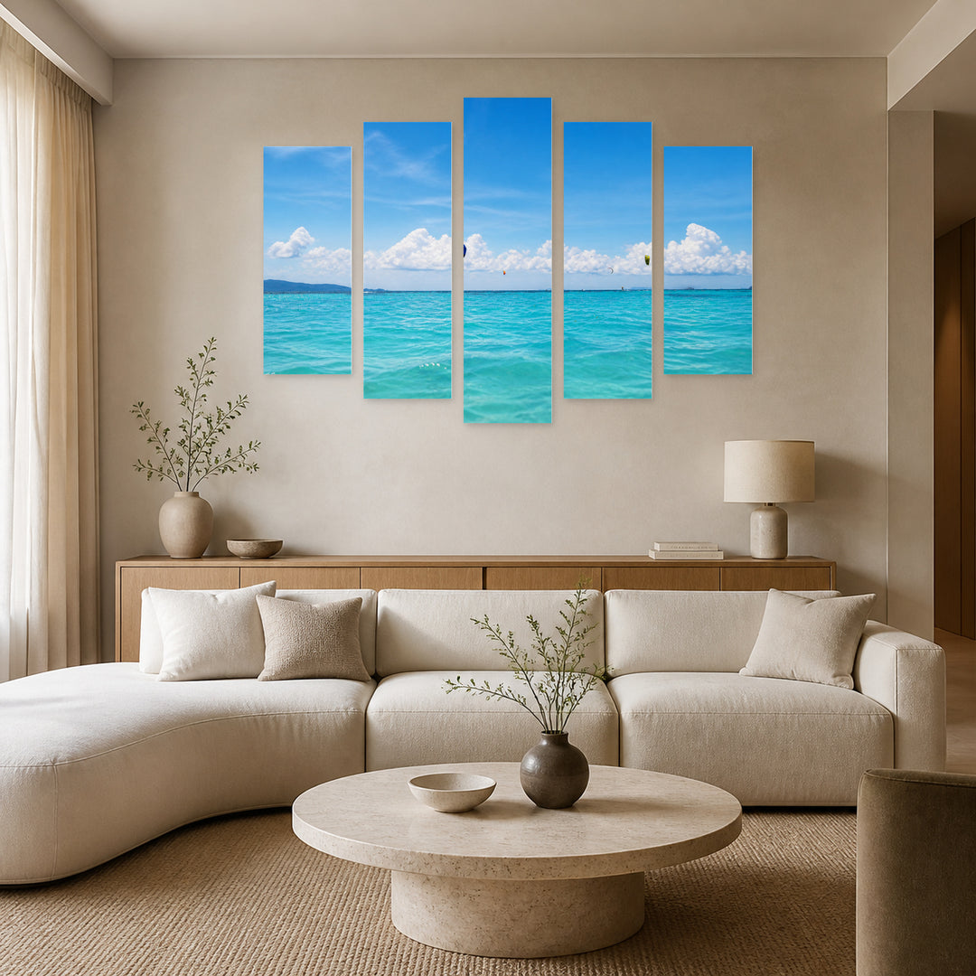 Kite Surfers in the Sea in Vivid Color — five-panel wall art in alternate frontal interior | 5wallart 55784 M4