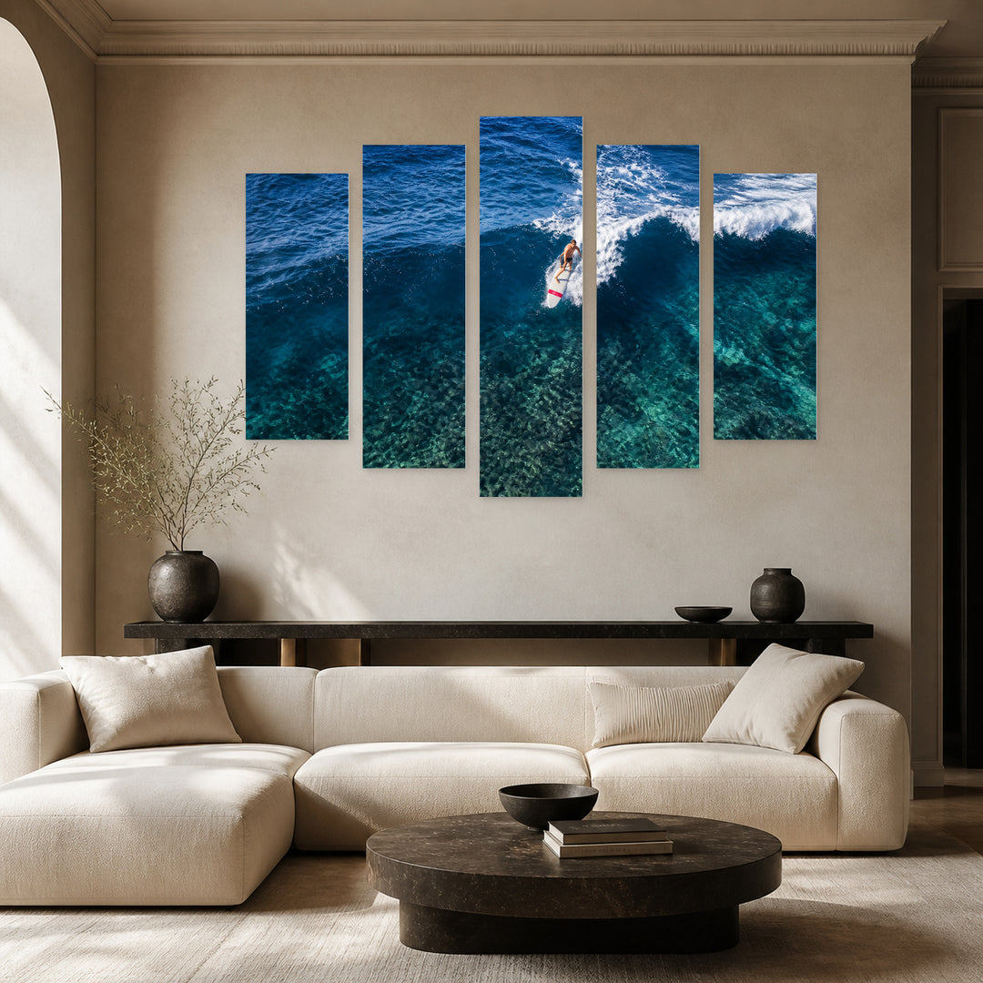 Surfer Riding a Wave Crest Coastal Panorama — five-panel wall art in frontal interior | 5wallart 55785 M3