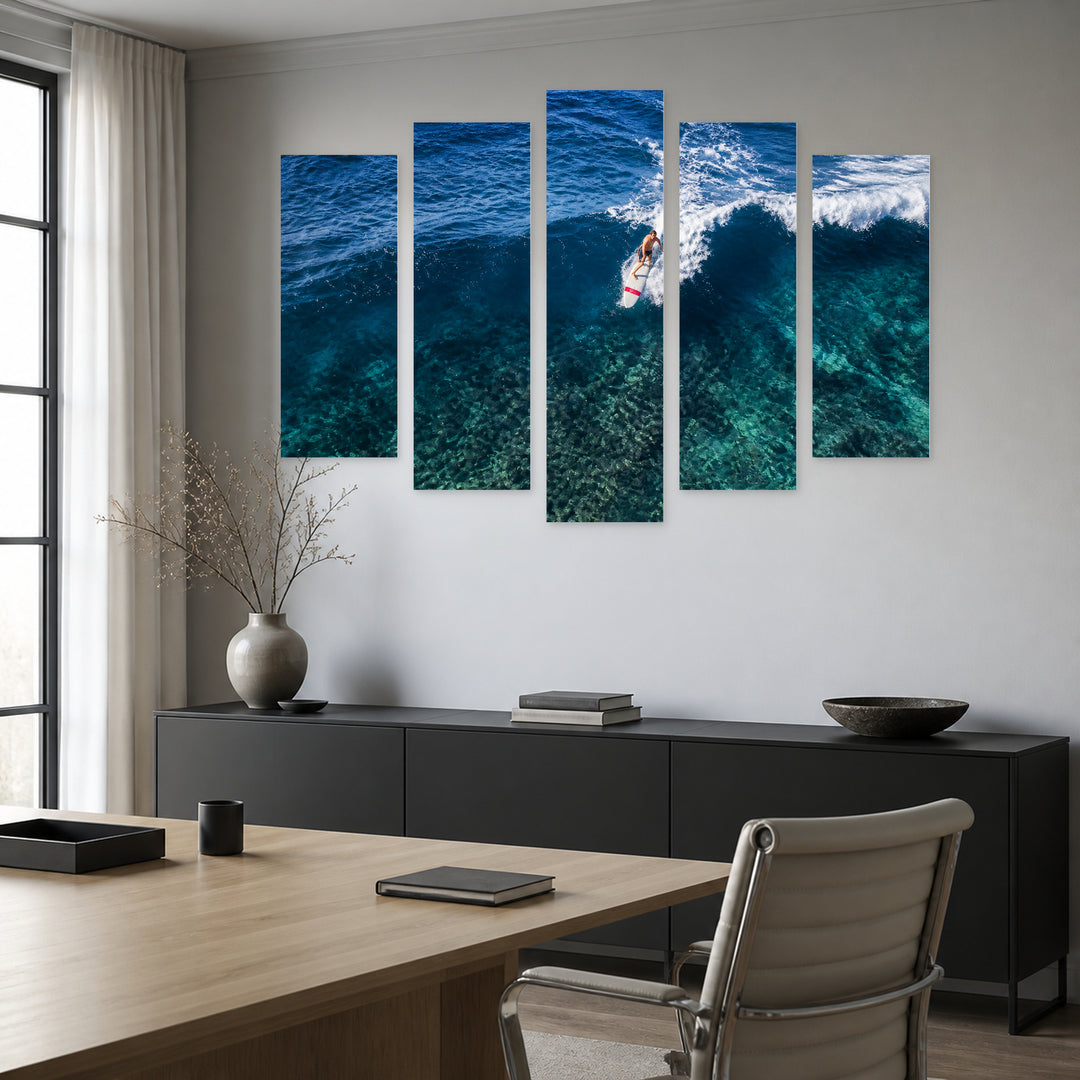 Surfer Riding a Wave Crest Coastal Panorama — five-panel wall art in alternate frontal interior | 5wallart 55785 M4