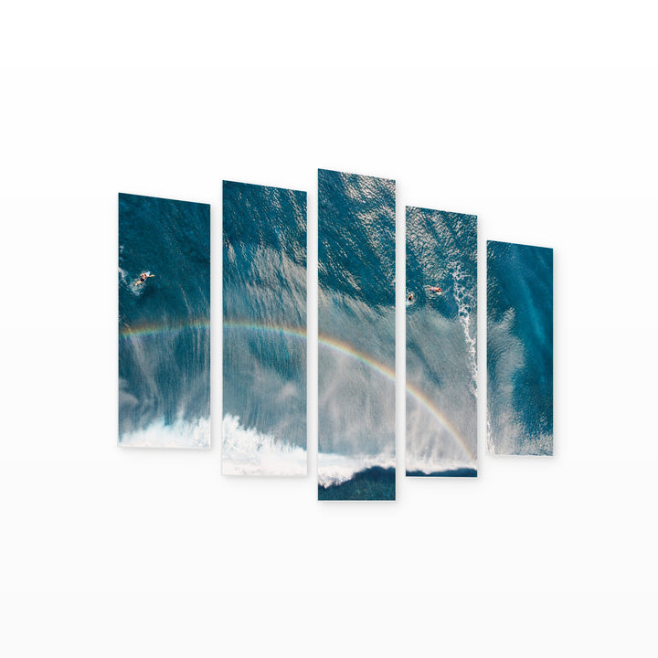 Rainbow over the Sea in Blue and Gold — five-panel wall art on white background in perspective | 5wallart 55786 M1