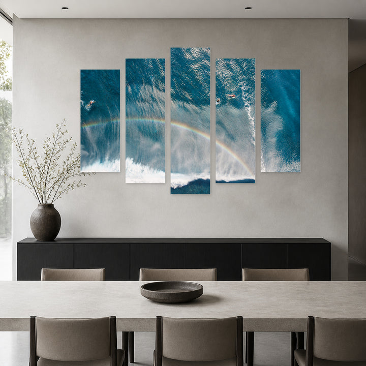 Rainbow over the Sea in Blue and Gold — five-panel wall art in frontal interior | 5wallart 55786 M3
