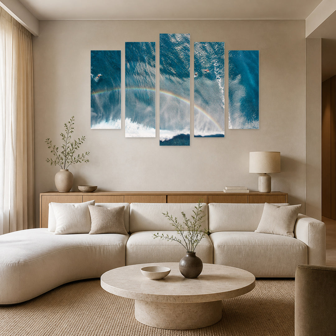 Rainbow over the Sea in Blue and Gold — five-panel wall art in alternate frontal interior | 5wallart 55786 M4