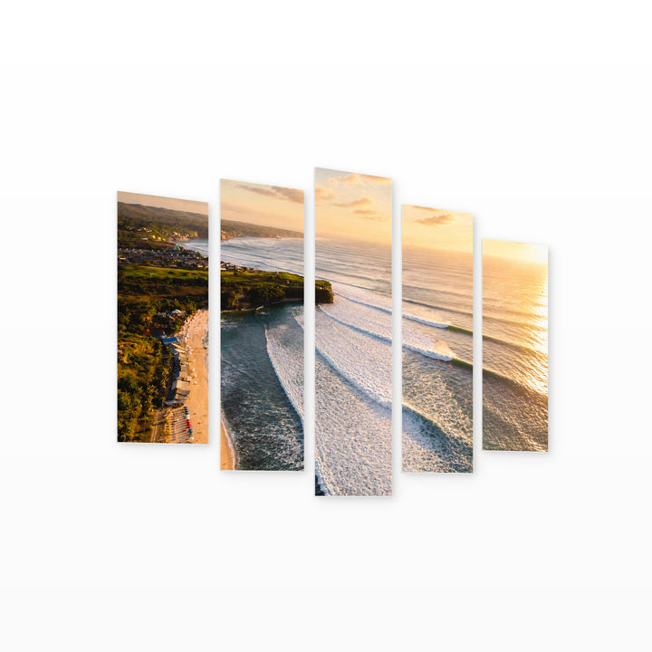 Golden Sunset over Ocean Waves — five-panel wall art on white background in perspective | 5wallart 55787 M1