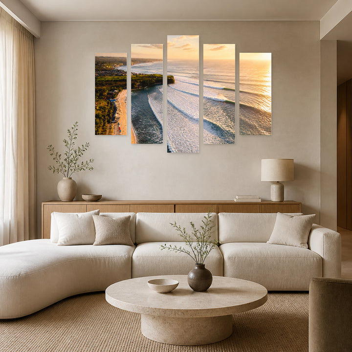 Golden Sunset over Ocean Waves — five-panel wall art in frontal interior | 5wallart 55787 M3