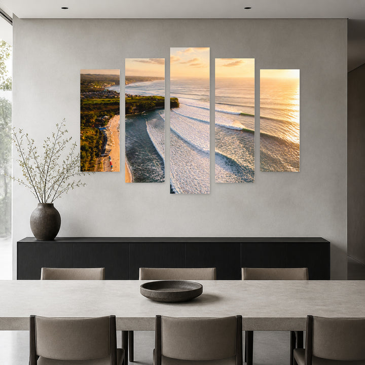 Golden Sunset over Ocean Waves — five-panel wall art in alternate frontal interior | 5wallart 55787 M4