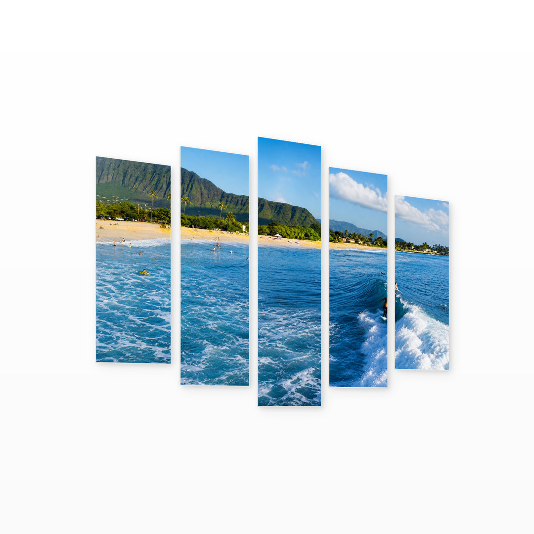 Surfers in Hawaii Coastal Panorama — five-panel wall art on white background in perspective | 5wallart 55788 M1