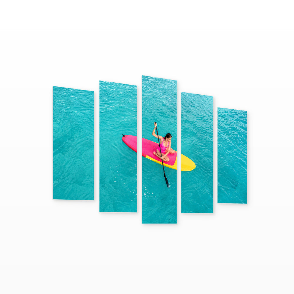 Colorful Surfboard in the Ocean Coastal Panorama — five-panel wall art on white background in perspective | 5wallart 55789 M1
