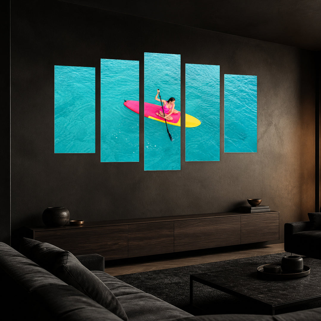 Colorful Surfboard in the Ocean Coastal Panorama — five-panel wall art in perspective interior | 5wallart 55789 M2
