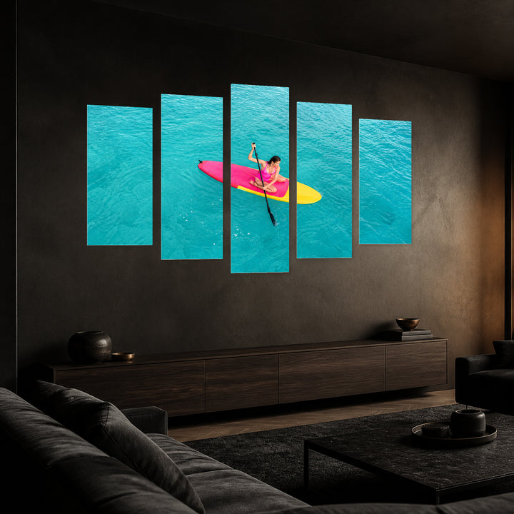 Colorful Surfboard in the Ocean Coastal Panorama — five-panel wall art in perspective interior | 5wallart 55789 M2