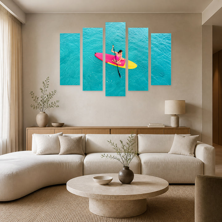 Colorful Surfboard in the Ocean Coastal Panorama — five-panel wall art in frontal interior | 5wallart 55789 M3