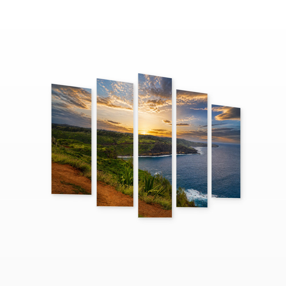 Sunset View in Blue and Gold — five-panel wall art on white background in perspective | 5wallart 55790 M1