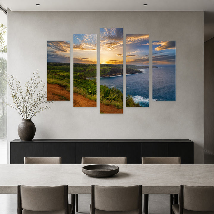 Sunset View in Blue and Gold — five-panel wall art in frontal interior | 5wallart 55790 M3