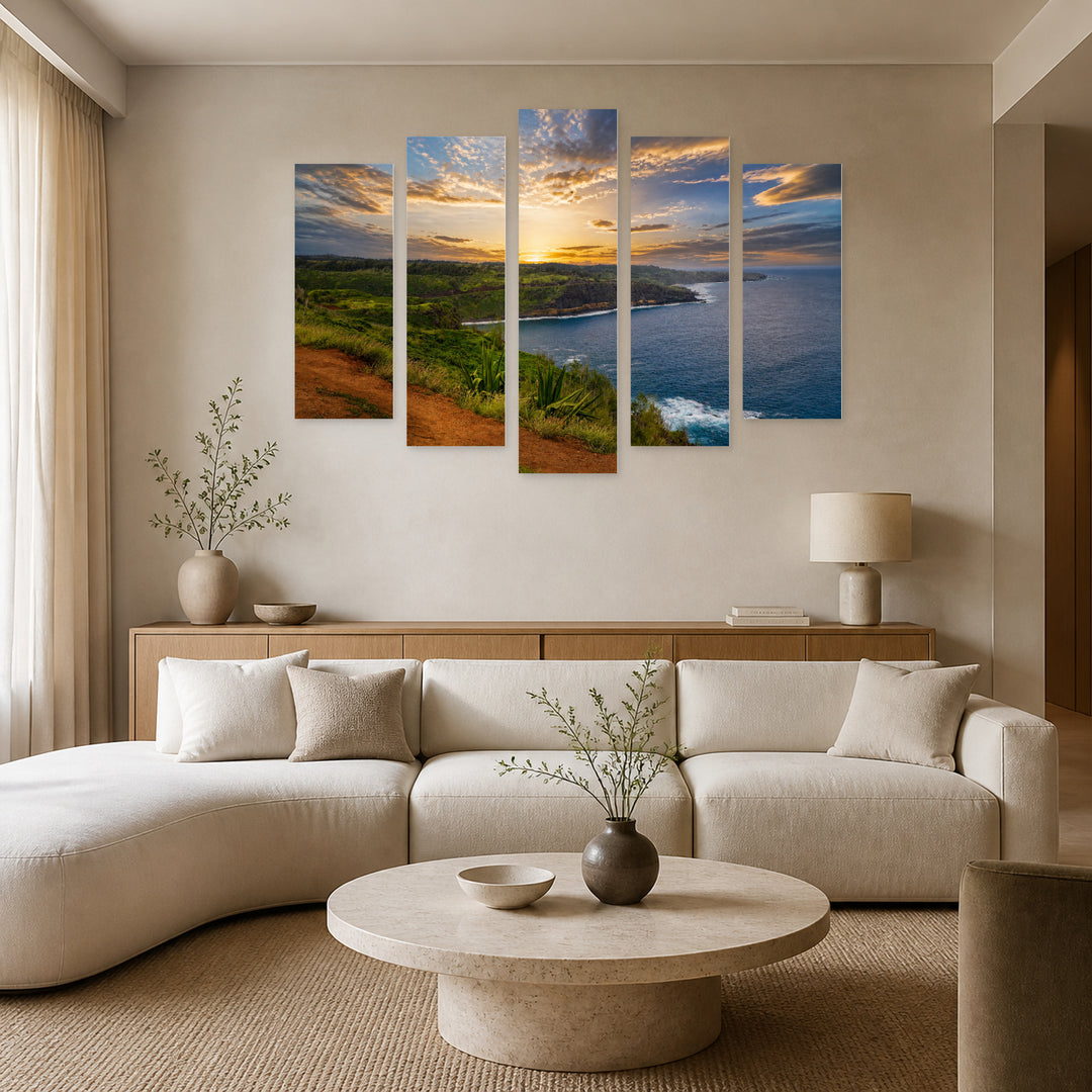 Sunset View in Blue and Gold — five-panel wall art in alternate frontal interior | 5wallart 55790 M4