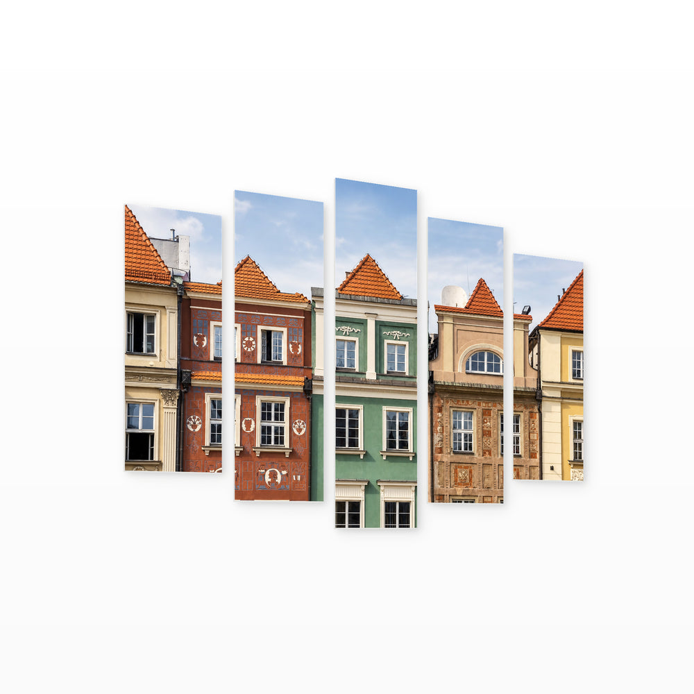 Historic Buildings in Poznan in Serene Light — five-panel wall art on white background in perspective | 5wallart 55791 M1