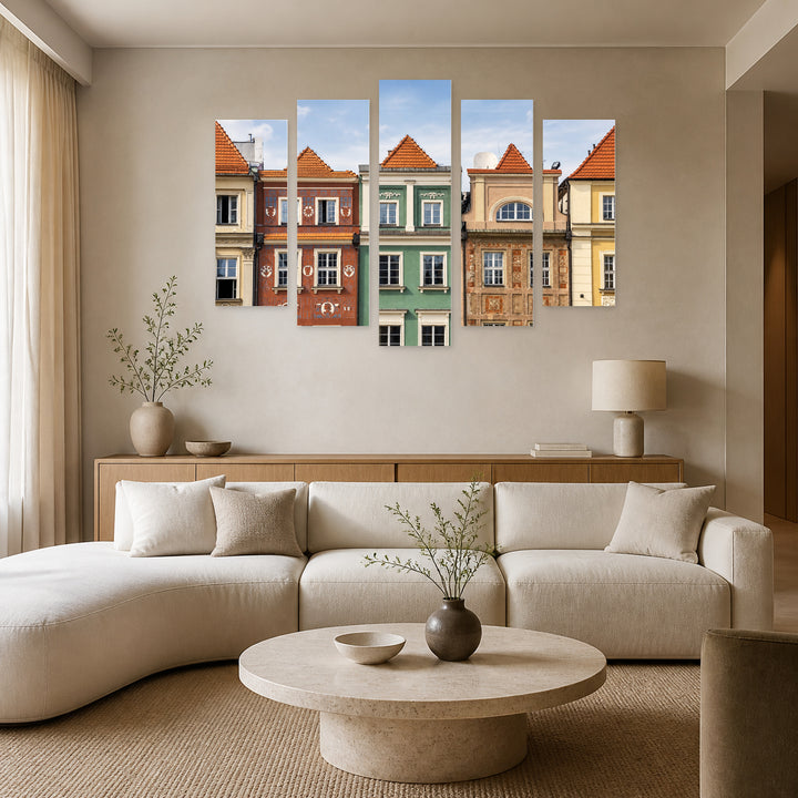 Historic Buildings in Poznan in Serene Light — five-panel wall art in frontal interior | 5wallart 55791 M3