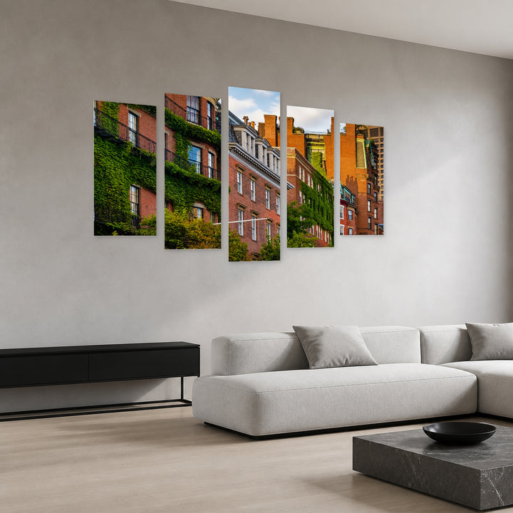 Brick Buildings in Boston with Geometric Rhythm — five-panel wall art in perspective interior | 5wallart 55792 M2