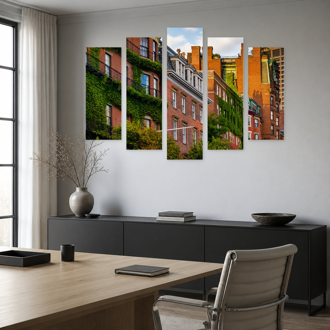 Brick Buildings in Boston with Geometric Rhythm — five-panel wall art in frontal interior | 5wallart 55792 M3