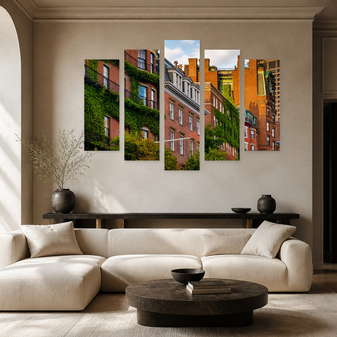 Brick Buildings in Boston with Geometric Rhythm — five-panel wall art in alternate frontal interior | 5wallart 55792 M4
