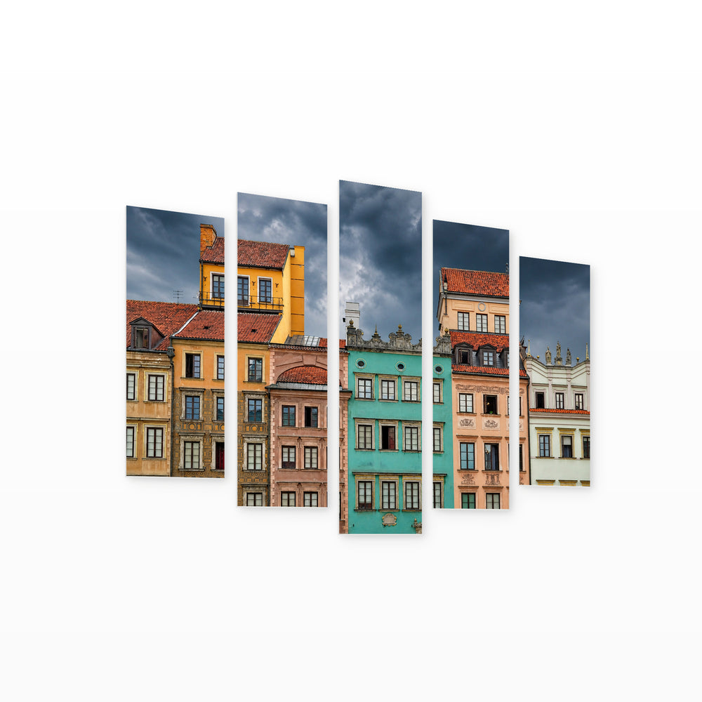 Old Town of Warsaw with Dramatic Contrast — five-panel wall art on white background in perspective | 5wallart 55794 M1