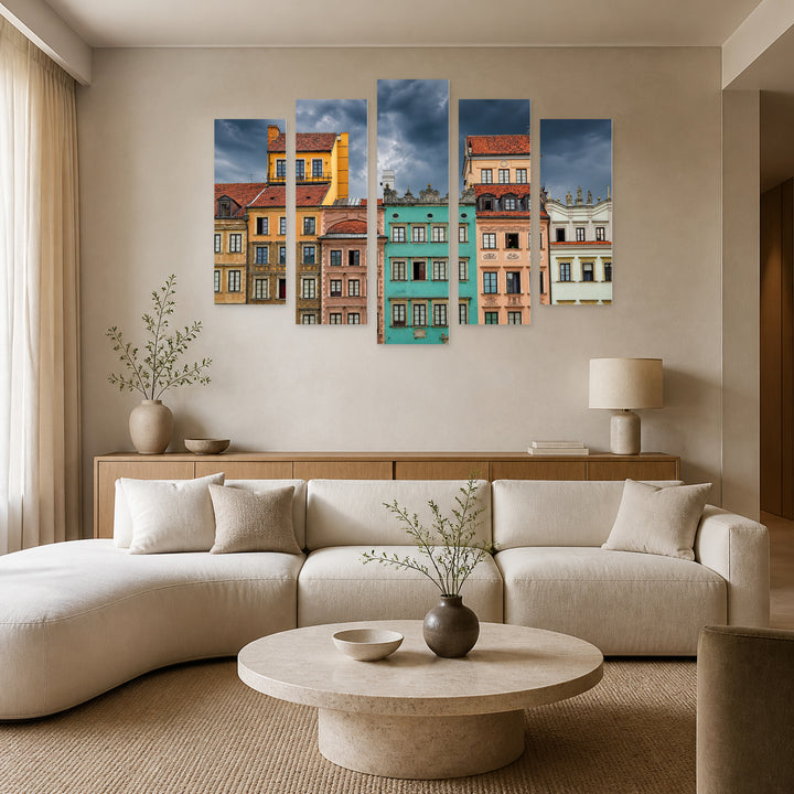 Old Town of Warsaw with Dramatic Contrast — five-panel wall art in alternate frontal interior | 5wallart 55794 M4