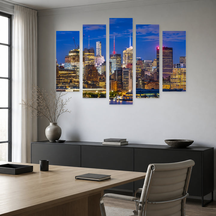Lights of New York at Night — five-panel wall art in alternate frontal interior | 5wallart 55795 M4
