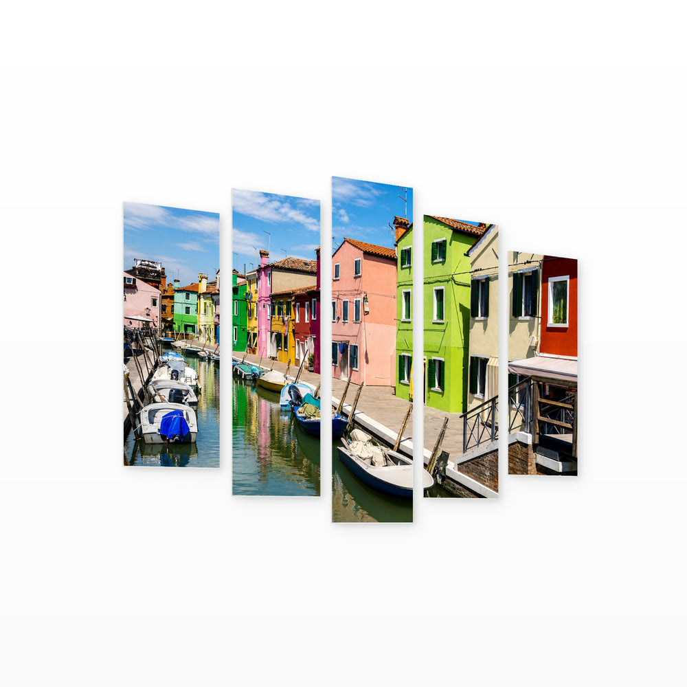 Colorful Houses by the Canal with Dreamlike Atmosphere — five-panel wall art on white background in perspective | 5wallart 55796 M1