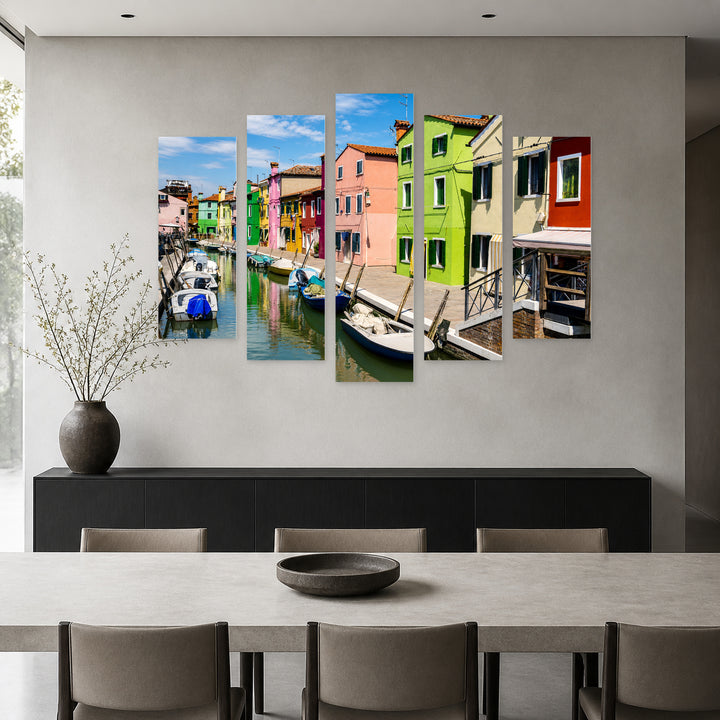 Colorful Houses by the Canal with Dreamlike Atmosphere — five-panel wall art in frontal interior | 5wallart 55796 M3